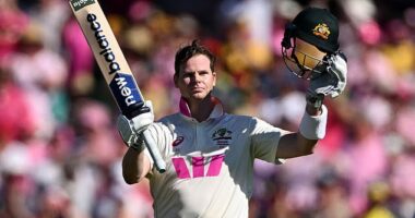 SYDNEY, AUSTRALIA - JANUARY 06: Australia captain Steve Smith celebrates reaching his century during day three of the Fifth Test in the 2025/26 Ashes Series between Australia and England at Sydney Cricket Ground on January 06, 2026 in Sydney, Australia. (Photo by Gareth Copley/Getty Images)