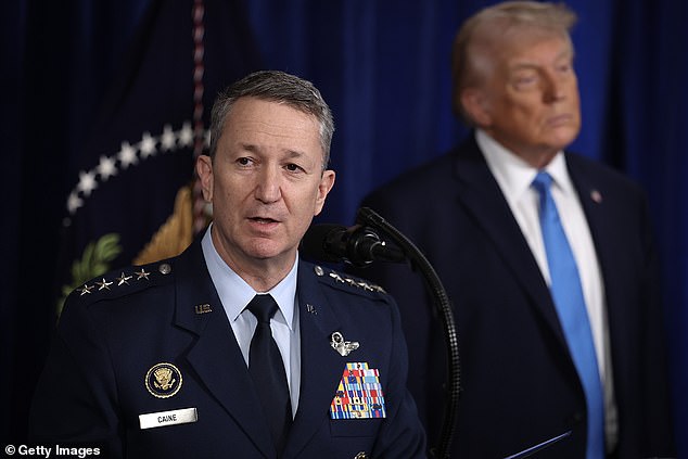 Chairman of the Joint Chiefs of Staff Gen. Dan Caine speaks during a press conference with President Trump at Mar-a-Lago club on Saturday