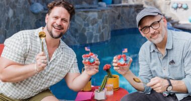 Hunter Cope and David Wain pose with their parfaits poolside in the comedy interview series The Perfect Parfait.
