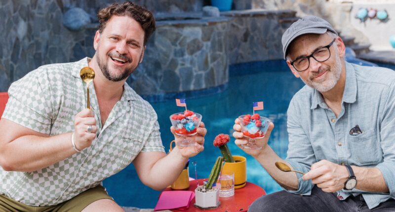 Hunter Cope and David Wain pose with their parfaits poolside in the comedy interview series The Perfect Parfait.