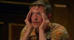 The Traitors viewers were left fuming after the penultimate episode ended on a huge cliffhanger as Rachel and James were both left at risk of banishment after a tie (a shocked Stephen is seen)