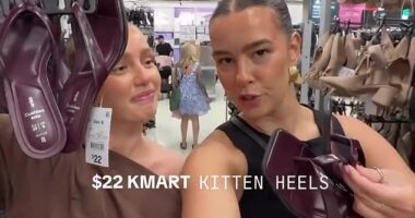 A pair of $22 kitten heels from Kmart has sent Aussie shoppers into a frenzy, being hailed as some of the most comfortable heels money can buy. Pictured: Sydney-based bargain hunter Bronte Rose (right) and friend
