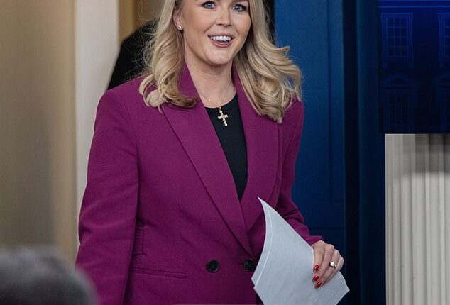 Perhaps most notably, for Press Secretary Karoline Leavitt's very first press conference in the White House's West Wing, she opted for a berry-colored two-piece suit with a belted back from the brand
