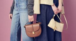 Left: Cardigan, £185, and vest, £140, withnothingunderneath.com; jeans, £120, anthropologie.com; belt, £59, boden.com; trainers, £89, hobbs.com; bag, £425, demellierlondon.com. Right: Jacket, £48, marksandspencer.com; skirt, £22.50, tuclothing.sainsburys.co.uk; trainers, £110, fitflop.com; bag, £68, anthropologie.com