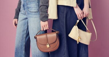 Left: Cardigan, £185, and vest, £140, withnothingunderneath.com; jeans, £120, anthropologie.com; belt, £59, boden.com; trainers, £89, hobbs.com; bag, £425, demellierlondon.com. Right: Jacket, £48, marksandspencer.com; skirt, £22.50, tuclothing.sainsburys.co.uk; trainers, £110, fitflop.com; bag, £68, anthropologie.com