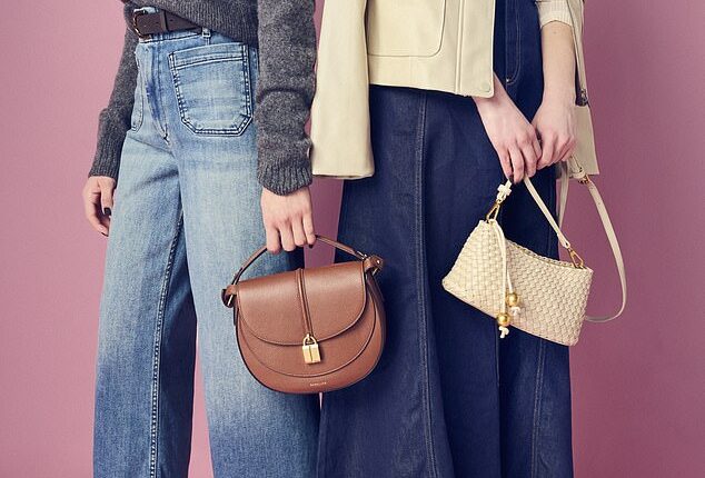 Left: Cardigan, £185, and vest, £140, withnothingunderneath.com; jeans, £120, anthropologie.com; belt, £59, boden.com; trainers, £89, hobbs.com; bag, £425, demellierlondon.com. Right: Jacket, £48, marksandspencer.com; skirt, £22.50, tuclothing.sainsburys.co.uk; trainers, £110, fitflop.com; bag, £68, anthropologie.com