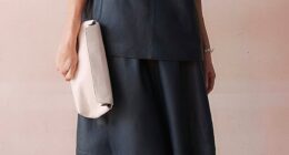 Top, £150, and skirt, £220, Arrange, asos.com. Earrings, £25.99, pilgrim.net. Bag, £109, whistles.com. Bracelet, £39, daisyjewellery.com. Sandals, £29.99, quizclothing.co.uk.