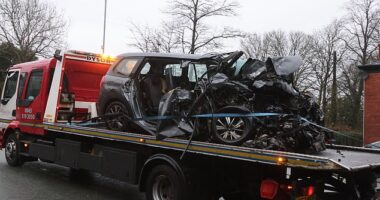 The Citroen Picasso, removed from the scene on Wigan Road, Bolton, this morning was very badly damaged in the crash