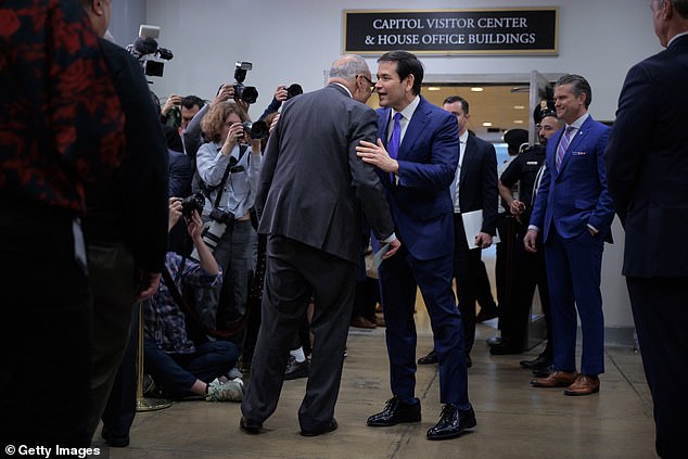 Marco Rubio was pictured wearing the shoes he had received as a gift from President Trump  as he met Senate Minority Leader Charles Schumer