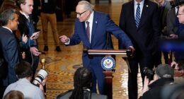 U.S. Senate Minority Leader Chuck Schumer, a New York Democrat speaks to members of the media after the weekly Senate Democratic caucus policy luncheon at the U.S. Capitol in Washington, D.C. on January 28, 2026