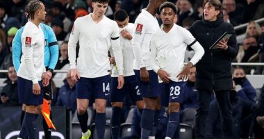 Thomas Frank (right) watched his Tottenham side get dumped out of the FA Cup by Aston Villa