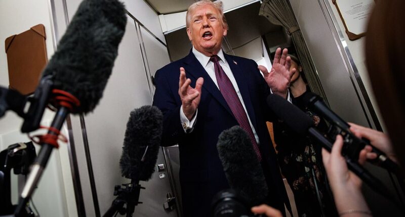 Donald Trump joked about needing to grab Karoline Leavitt to avoid falling over on a turbulent Air Force One flight on Sunday. The commander-in-chief, 79, took questions from reporters but had to briefly pause the gaggle as he struggled to stand on his return from Mar-a-Lago to Washington DC . The president then turned to his loyal press secretary Leavitt and blurted out that he needed to stop himself from falling down.