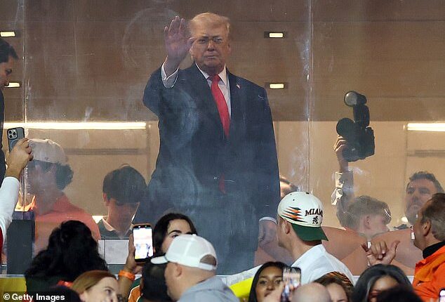 Donald Trump has made his grand arrival at Hard Rock Stadium ahead of the national title game
