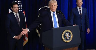 President Donald Trump (center) suggested that Secretary of State Marco Rubio (left) and Defense Secretary Pete Hegseth (right) would be running Venezuela for the foreseeable future