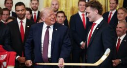 President Donald Trump speaks with Florida Panthers player Matthew Tkachuk during an event honoring the 2025 Stanley Cup Champions