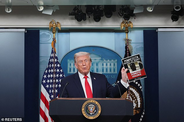 U.S. President Donald Trump speaks during a press briefing at the White House, on the one-year mark into his second term in office, in Washington, D.C., U.S., January 20