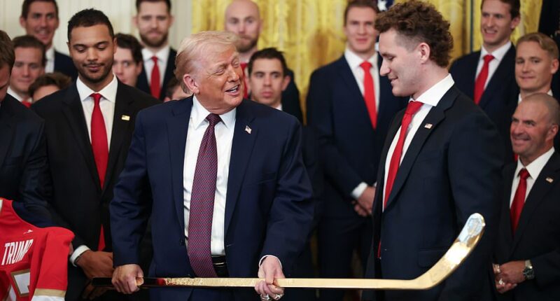 President Donald Trump praised the Florida Panthers for an incredible playoff run and for their good looks before they bestowed him with a golden gift on Thursday. Speaking at an event celebrating the hockey team's 2025 Stanley Cup victory - the second in a row - the president praised the strapping team for their good looks and 'power.' 'Good-looking people, young beautiful people, I hate them,' the president joked, alluding to the players stealing his spotlight. 'You hate standing here with all this power behind you. But I got power too. It's called the United States military.'
