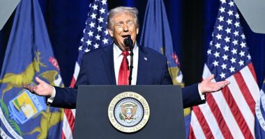 President Donald Trump touted the economy and slammed former President Joe Biden during his speech Tuesday at the Detroit Economic Club. The Republican imitated Biden's State of the Union speech and cough while on stage in a sort of comedic routine