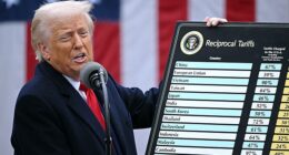 President Donald Trump holds up a chart showing reciprocal tariffs that he announced on Liberation Day, April 2. His approval numbers dipped 9 points later in the month, thanks to his flip-flop on implementing the tariffs, not the announcement itself, Daily Mail's pollster found