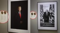 The mention of President Donald Trump's two impeachments and his role in the January 6 Capitol attack has been removed from a Smithsonian. In the 'America's Presidents' exhibit at the Smithsonian's National Portrait Gallery, an updated portrait of Trump has been hung, this time without a wordy display. The White House shared the new image, shot by White House photographer Daniel Torok, over the weekend. In it, Trump stands imposingly over the Resolute Desk in the Oval Office.