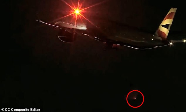 A British Airways plane lost a wheel during takeoff in Las Vegas on Monday night. Picture shows the moment the tyre dropped off the plane's landing gear