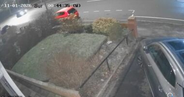 Footage from CCTV cameras of a nearby property show the Picasso taxi (back left) travelling along Wigan Road in Bolton just before the collision