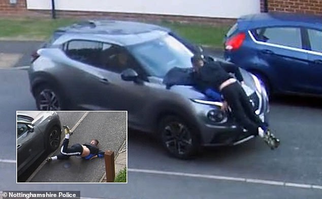 Kieran Hogan's feet lift off the ground as he is hit by the Nissan