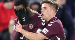 Baningime, above left, was distraught after red card but Hearts still went on to win game