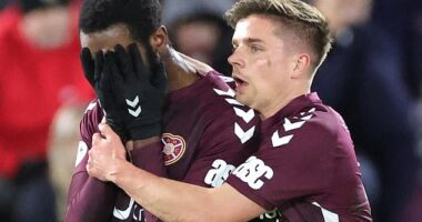 Baningime, above left, was distraught after red card but Hearts still went on to win game