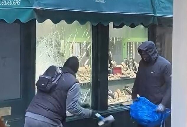 This is the moment hammer-wielding thugs broke into a family-run jewellers and ransacked the window display while brave staff tried to fend them off