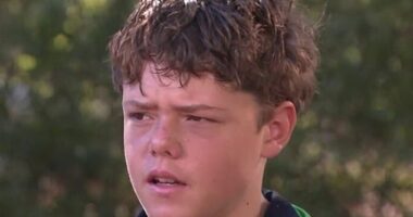 A 13-year-old boy (pictured) who swam for four kilometres in dangerous swells to save his stranded family has been hailed a hero