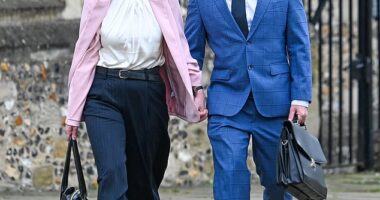 Christopher Trybus, pictured outside Winchester Crown Court on Friday with his new wife Bea