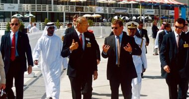 Patrick Nixon, former British ambassador to the United Arab Emirates, said of the then Duke of York's visit to the region in November 2001: 'I was particularly alarmed by some crass and offensive remarks about Saudi Arabia and its oil'. Pictured: Andrew Mountbatten-Windsor (centre right) with Sir Charles Masefield in 2001