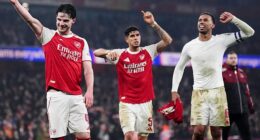 Declan Rice, Piero Hincapie and Gabriel celebrate the victory over Chelsea on Tuesday night