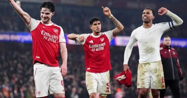 Declan Rice, Piero Hincapie and Gabriel celebrate the victory over Chelsea on Tuesday night