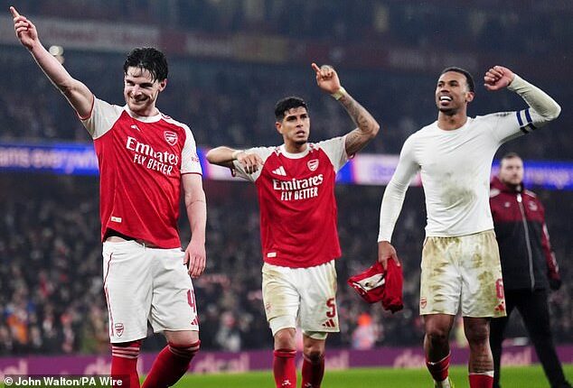 Declan Rice, Piero Hincapie and Gabriel celebrate the victory over Chelsea on Tuesday night