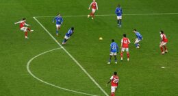 Martin Zubimendi opened the scoring for Arsenal with a drilled finish that bounced off the post