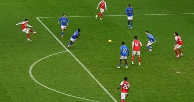 Martin Zubimendi opened the scoring for Arsenal with a drilled finish that bounced off the post