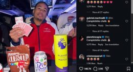 Gabriel's post on Instagram, with team-mates including Declan Rice gleefully responding