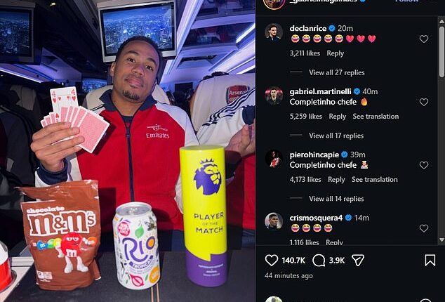 Gabriel's post on Instagram, with team-mates including Declan Rice gleefully responding