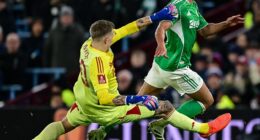Aston Villa goalkeeper Marco Bizot sent off for 'horrific' kung-fu challenge on Jacob Murphy - with moment of madness allowing Newcastle to overturn one-goal deficit to win FA Cup clash
