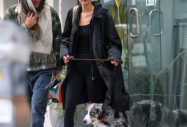 Bella Hadid, 29, was seen departing a Beverly Hills, California marijuana dispensary with her agent-turned-BFF Joseph Thornton-Allan and her dog on Tuesday