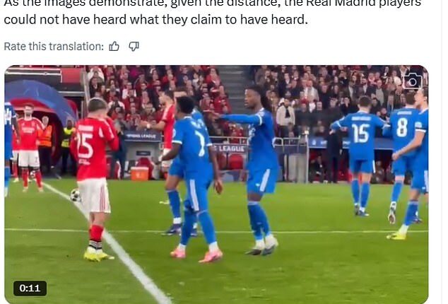 Benfica have cast doubt as to whether Madrid stars heard alleged racist abuse on Tuesday