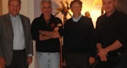 Bill Gates admitted having affairs with two Russian women and apologised to staff over his links to disgraced financier Jeffrey Epstein during a town hall meeting. Pictured: Larry Summers, Jeffrey Epstein, Gates and Boris Nikolic at Epstein's Manhattan house in 2011. This was among the three million files published by the DOJ