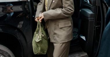 Lively wore an olive-hued oversized suit paired with a green cardigan and striped, pink collared shirt beneath. She also toted a green suede bag and wore matching green shoes