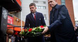 Man United head coach Michael Carrick and women's team manager Marc Skinner laid a wreath at the service at Old Trafford on Friday