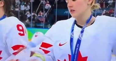 Canada's Daryl Watts looked particularly annoyed to receive Tina. The Toronto native was seen staring down at the stuffed toy before sighing and staring off into the crowd