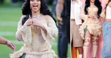 Cardi B makes Super Bowl 2026 halftime show cameo in corset and thigh-high gladiator heels