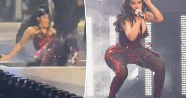 Cardi B takes another tumble on Little Miss Drama Tour, falls through trap door