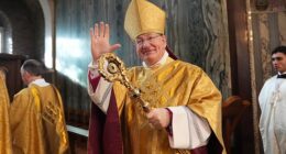 Bishop Richard Moth (pictured at the installation Mass) was officially made 12th Archbishop of Westminster in front of a 2,000-strong congregation at Westminster Cathedral in central London on Saturday